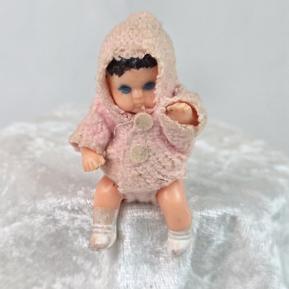 1960s Vintage Miniature Shackman Dollhouse Baby Girl in Pink Outfit Hong Kong